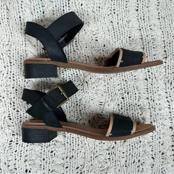 Toms Camilla Leather Low Block Heeled Sandals Size 8 Black and Honey Tan