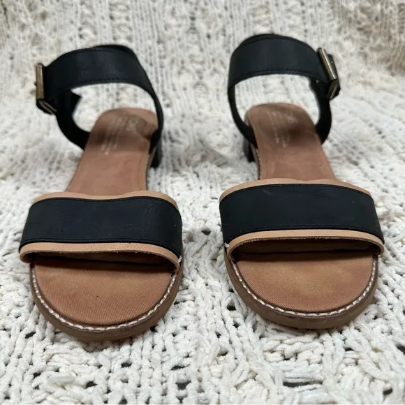 Toms Camilla Leather Low Block Heeled Sandals Size 8 Black and Honey Tan
