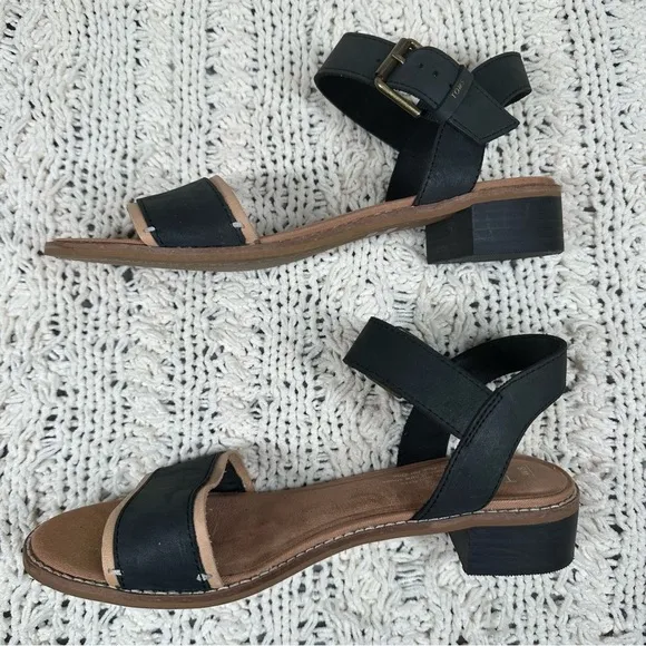 Toms Camilla Leather Low Block Heeled Sandals Size 8 Black and Honey Tan