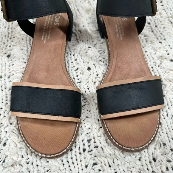 Toms Camilla Leather Low Block Heeled Sandals Size 8 Black and Honey Tan