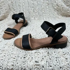 Toms Camilla Leather Low Block Heeled Sandals Size 8 Black and Honey Tan