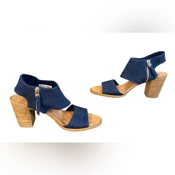 Toms Majorca Blue Heeled Sandals with Chunky Wooden Heel Women’s Size 8.5