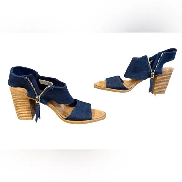 Toms Majorca Blue Heeled Sandals with Chunky Wooden Heel Women’s Size 8.5