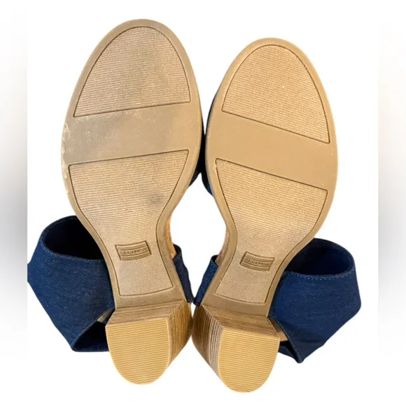 Toms Majorca Blue Heeled Sandals with Chunky Wooden Heel Women’s Size 8.5