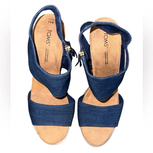 Toms Majorca Blue Heeled Sandals with Chunky Wooden Heel Women’s Size 8.5