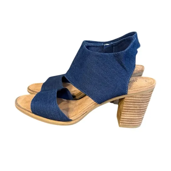 Toms Majorca Blue Heeled Sandals with Chunky Wooden Heel Women’s Size 8.5