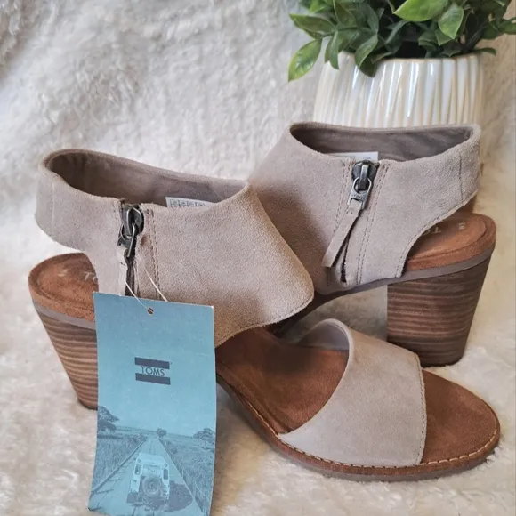 TOMS Majorca Cutout Sandal Block Heel Taupe Suede Slingback Women's Size 9 NEW
