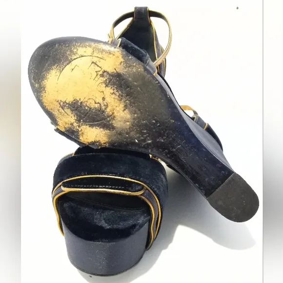 Tory Burch | Alexia Blue Velvet &amp; gold platform wedge heels 6.5,plataform