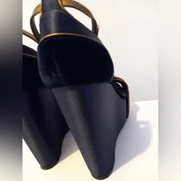 Tory Burch | Alexia Blue Velvet &amp; gold platform wedge heels 6.5,plataform