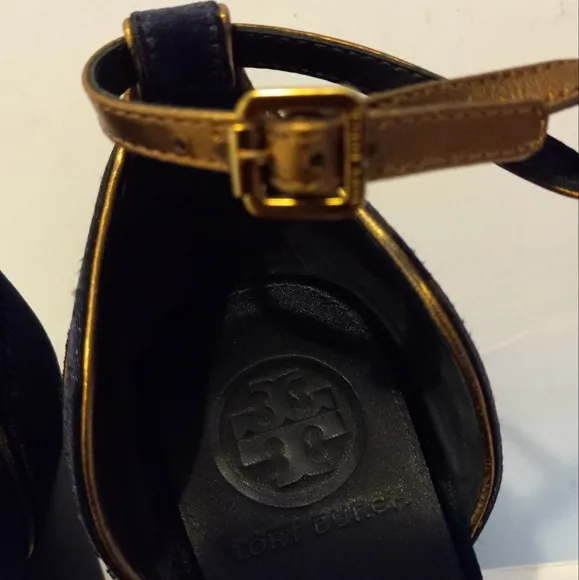 Tory Burch | Alexia Blue Velvet &amp; gold platform wedge heels 6.5,plataform