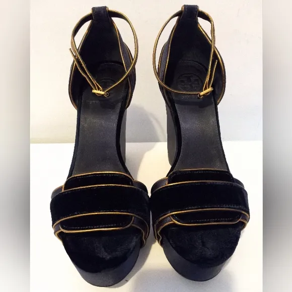 Tory Burch | Alexia Blue Velvet &amp; gold platform wedge heels 6.5,plataform