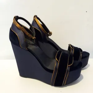 Tory Burch | Alexia Blue Velvet &amp; gold platform wedge heels 6.5,plataform