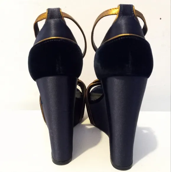 Tory Burch | Alexia Blue Velvet &amp; gold platform wedge heels 6.5,plataform
