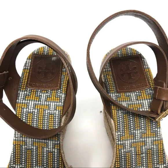 TORY BURCH ankle wrap beaded wedge sandals, made in Spain, size 9