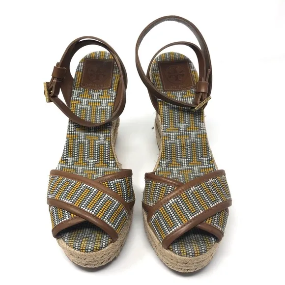TORY BURCH ankle wrap beaded wedge sandals, made in Spain, size 9