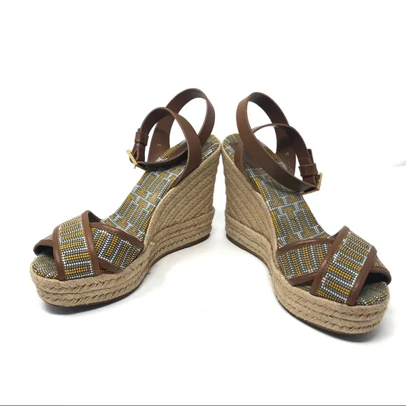 TORY BURCH ankle wrap beaded wedge sandals, made in Spain, size 9