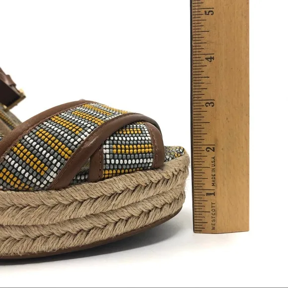 TORY BURCH ankle wrap beaded wedge sandals, made in Spain, size 9