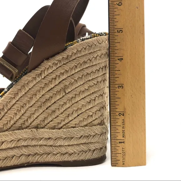 TORY BURCH ankle wrap beaded wedge sandals, made in Spain, size 9