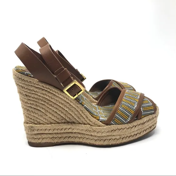 TORY BURCH ankle wrap beaded wedge sandals, made in Spain, size 9