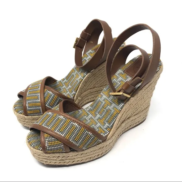 TORY BURCH ankle wrap beaded wedge sandals, made in Spain, size 9