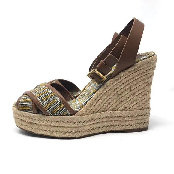 TORY BURCH ankle wrap beaded wedge sandals, made in Spain, size 9