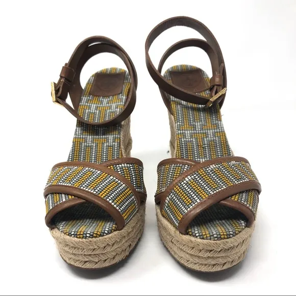 TORY BURCH ankle wrap beaded wedge sandals, made in Spain, size 9