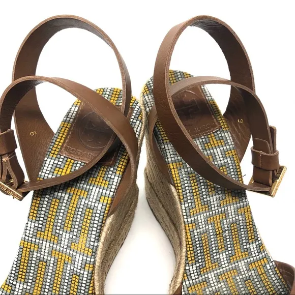 TORY BURCH ankle wrap beaded wedge sandals, made in Spain, size 9