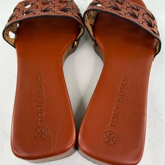 Tory Burch Basket-Weave Clog US 7.5 M Calf Leather Wood Platform Slide Sandals