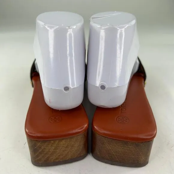 Tory Burch Basket-Weave Clog US 7.5 M Calf Leather Wood Platform Slide Sandals