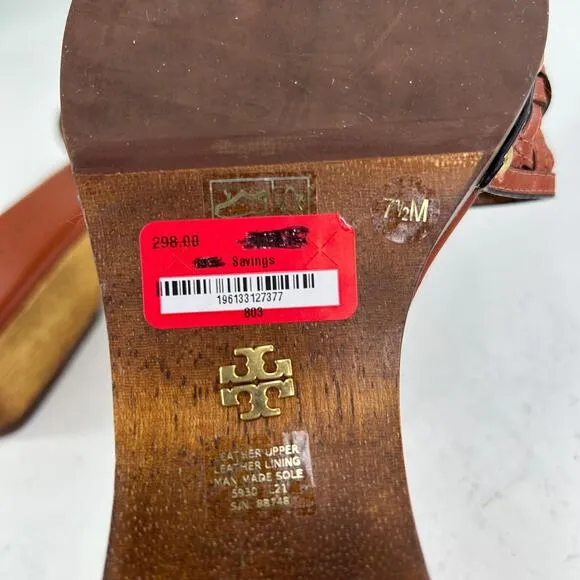 Tory Burch Basket-Weave Clog US 7.5 M Calf Leather Wood Platform Slide Sandals