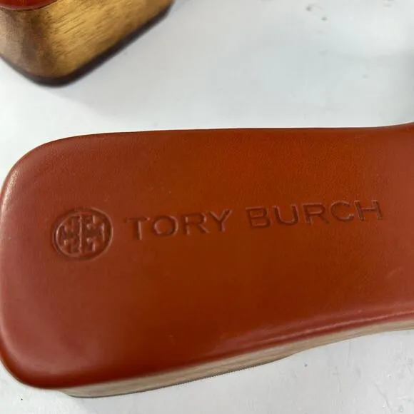 Tory Burch Basket-Weave Clog US 7.5 M Calf Leather Wood Platform Slide Sandals