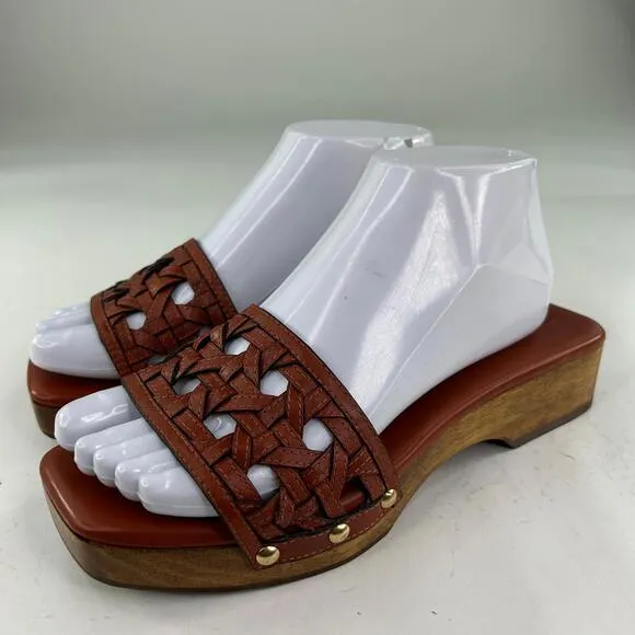 Tory Burch Basket-Weave Clog US 7.5 M Calf Leather Wood Platform Slide Sandals