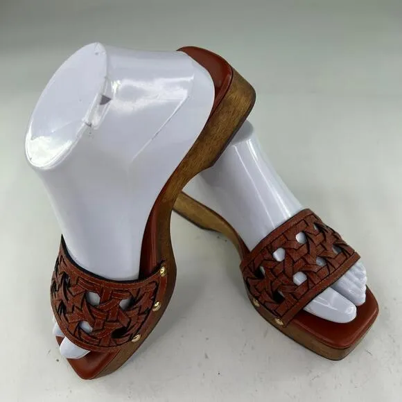 Tory Burch Basket-Weave Clog US 7.5 M Calf Leather Wood Platform Slide Sandals