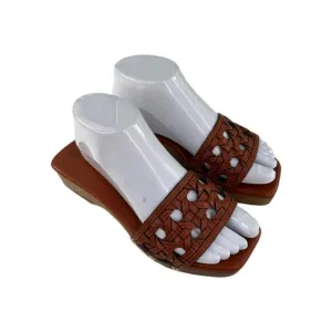 Tory Burch Basket-Weave Clog US 7.5 M Calf Leather Wood Platform Slide Sandals