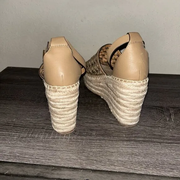 TORY BURCH Basketweave Espadrille Brown Leather Platform Wedge Sandals Size 10