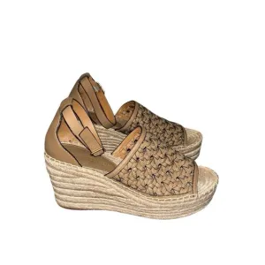 TORY BURCH Basketweave Espadrille Brown Leather Platform Wedge Sandals Size 10
