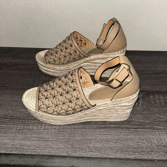 TORY BURCH Basketweave Espadrille Brown Leather Platform Wedge Sandals Size 10