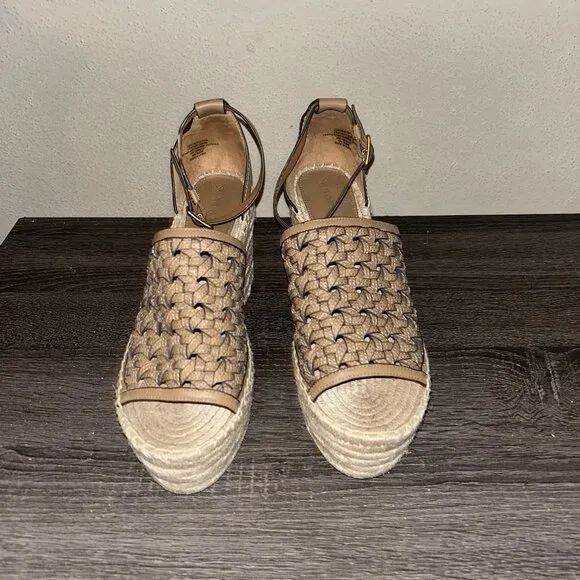 TORY BURCH Basketweave Espadrille Brown Leather Platform Wedge Sandals Size 10