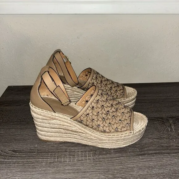 TORY BURCH Basketweave Espadrille Brown Leather Platform Wedge Sandals Size 10