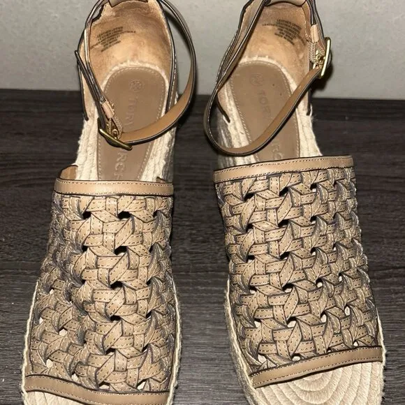 TORY BURCH Basketweave Espadrille Brown Leather Platform Wedge Sandals Size 10
