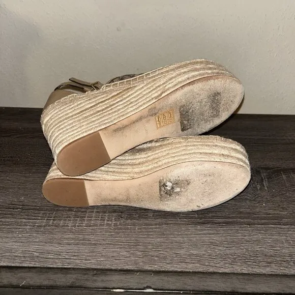 TORY BURCH Basketweave Espadrille Brown Leather Platform Wedge Sandals Size 10