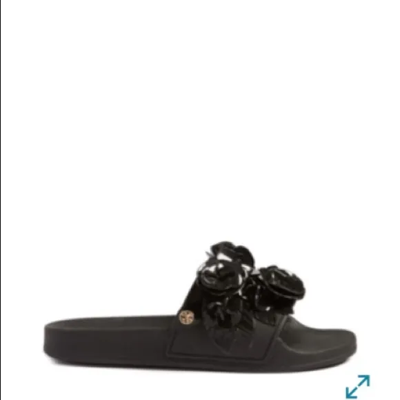 Tory Burch Black Blossom Flower Slide Sandals