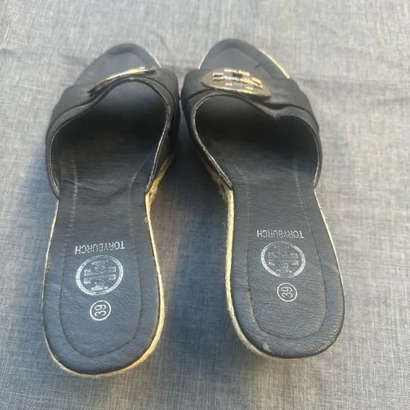 Tory Burch Black Wedge Sandals size 38 (US 8.5)Excellent pre-loved condition