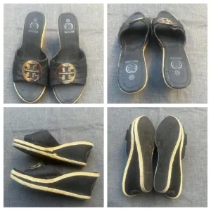 Tory Burch Black Wedge Sandals size 38 (US 8.5)Excellent pre-loved condition