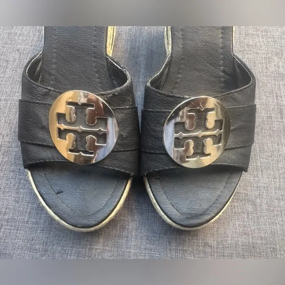 Tory Burch Black Wedge Sandals size 38 (US 8.5)Excellent pre-loved condition