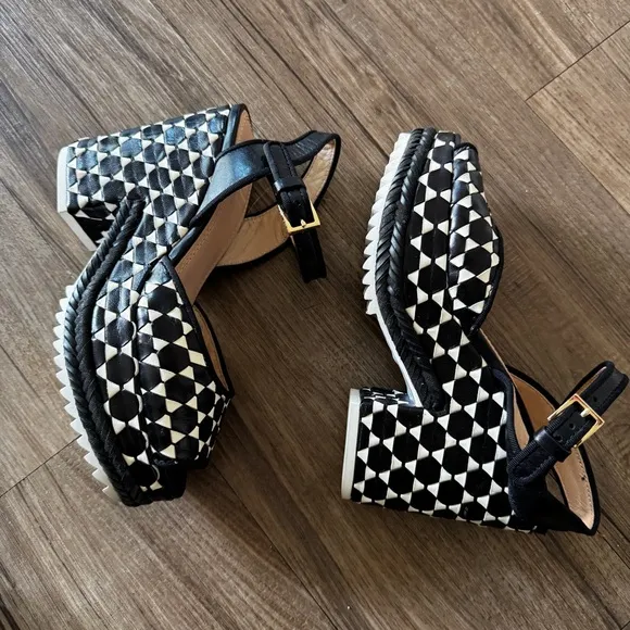 Tory Burch black white ankle strap platform sandals heels size 6