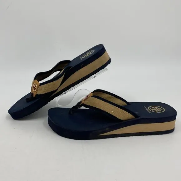 Tory Burch Blue Beige Wedge Flip Flops | Size 9