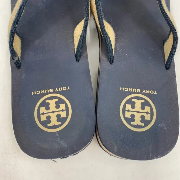 Tory Burch Blue Beige Wedge Flip Flops | Size 9
