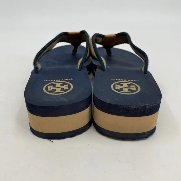 Tory Burch Blue Beige Wedge Flip Flops | Size 9