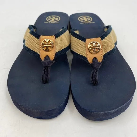 Tory Burch Blue Beige Wedge Flip Flops | Size 9